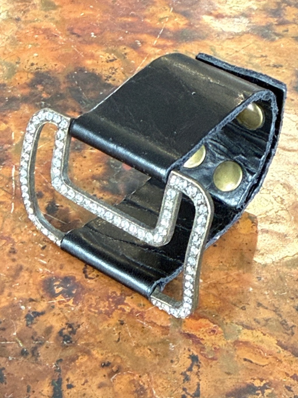 Black Leather Cuff Bracelet with Crystal-Embellished Bronze Buckle 2 Snap Close - Picture 2 of 11